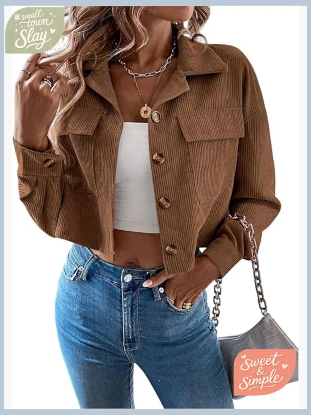 Corduroy Cropped Shacket Jacket Lightweight Long Sleeve Button Down - Picture 1 of 7